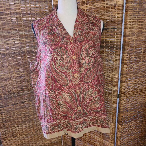 VTG Jones New York Sleeveless Blouse Paisley Silk Linen Blend SZ 12 Wood Buttons - Picture 2 of 7